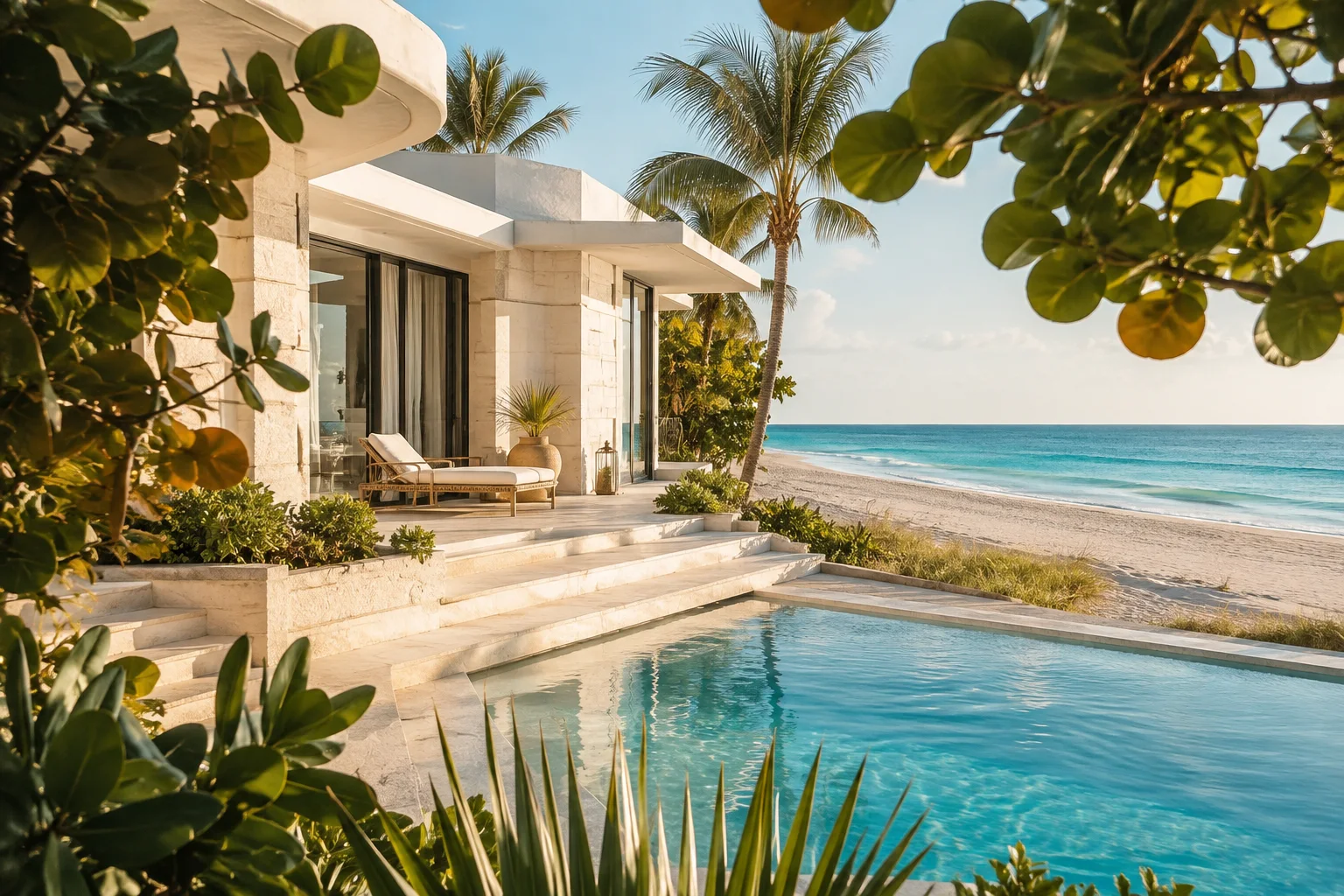 Modern palm-framed coastal residence beside white sand and turquoise Florida water